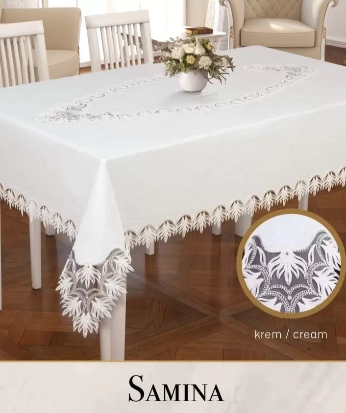 Gardenya Keten Samina Model 155x260 cm Krem Masa Örtüsü Tablecloth Modern Tasarım