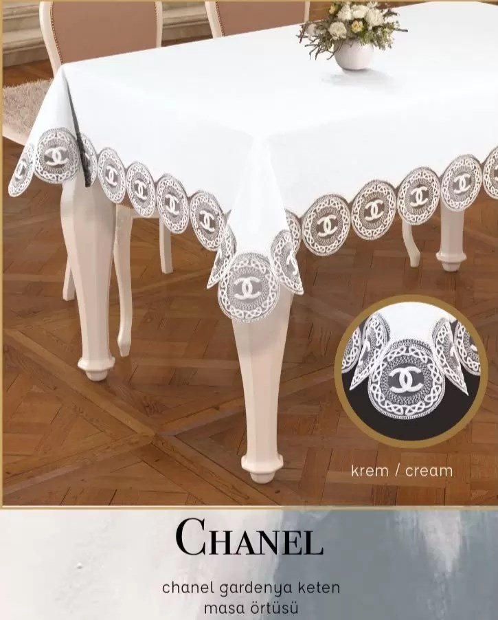 Gardenya Keten Tek Masa Örtüsü 160x260 cm Dantelli Yemek Masası Örtüsü Chanel Model Krem-Krem