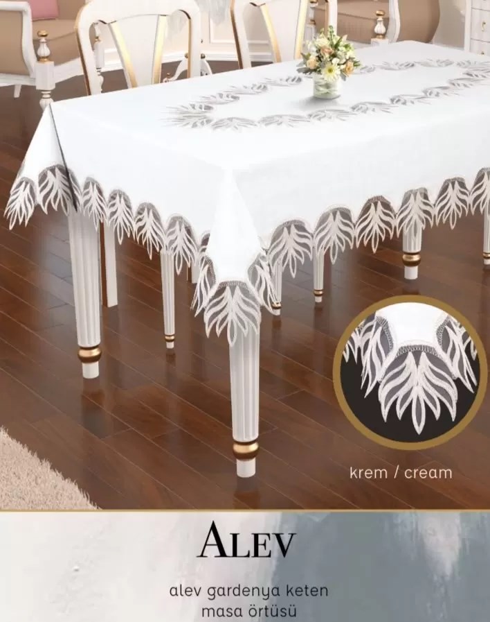 Gardenya Keten Tek Masa Örtüsü 160x260 cm Dantelli Yemek Masası Örtüsü Alev Model Krem