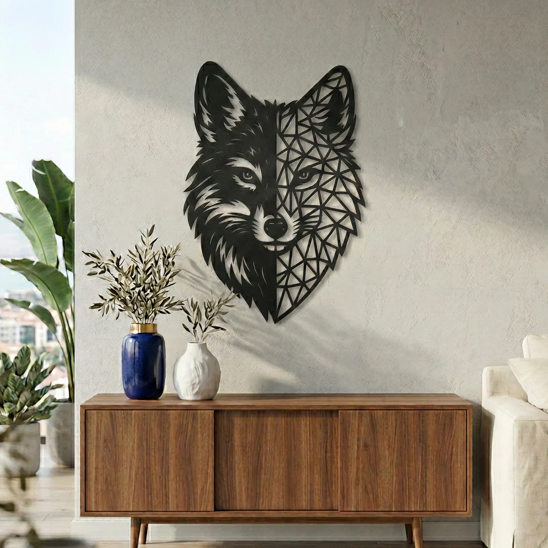 Geometrik Kurt Duvar Tablosu MDF Lazer Kesim Modern Duvar Süsü Minimal Hayvan Figürlü Dekor
