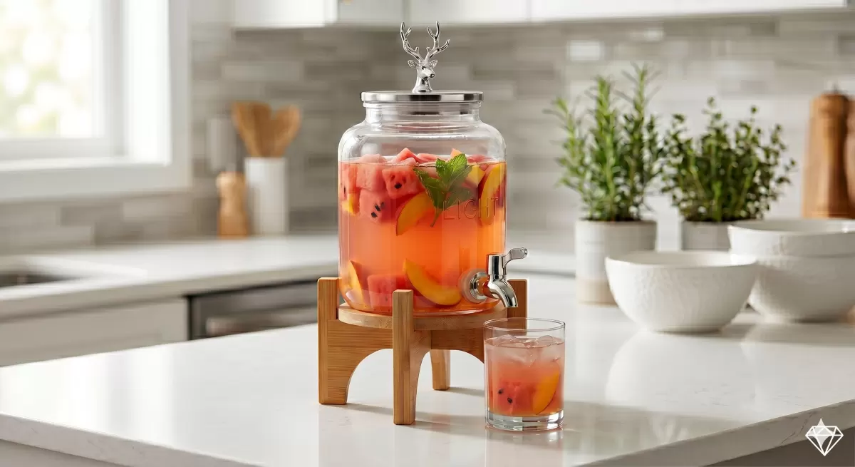 Geyik Figürlü Gümüş Lüks Cam İçecek Sebili - 3.6 Litre Bambu Standlı Meyve Suyu Kovası