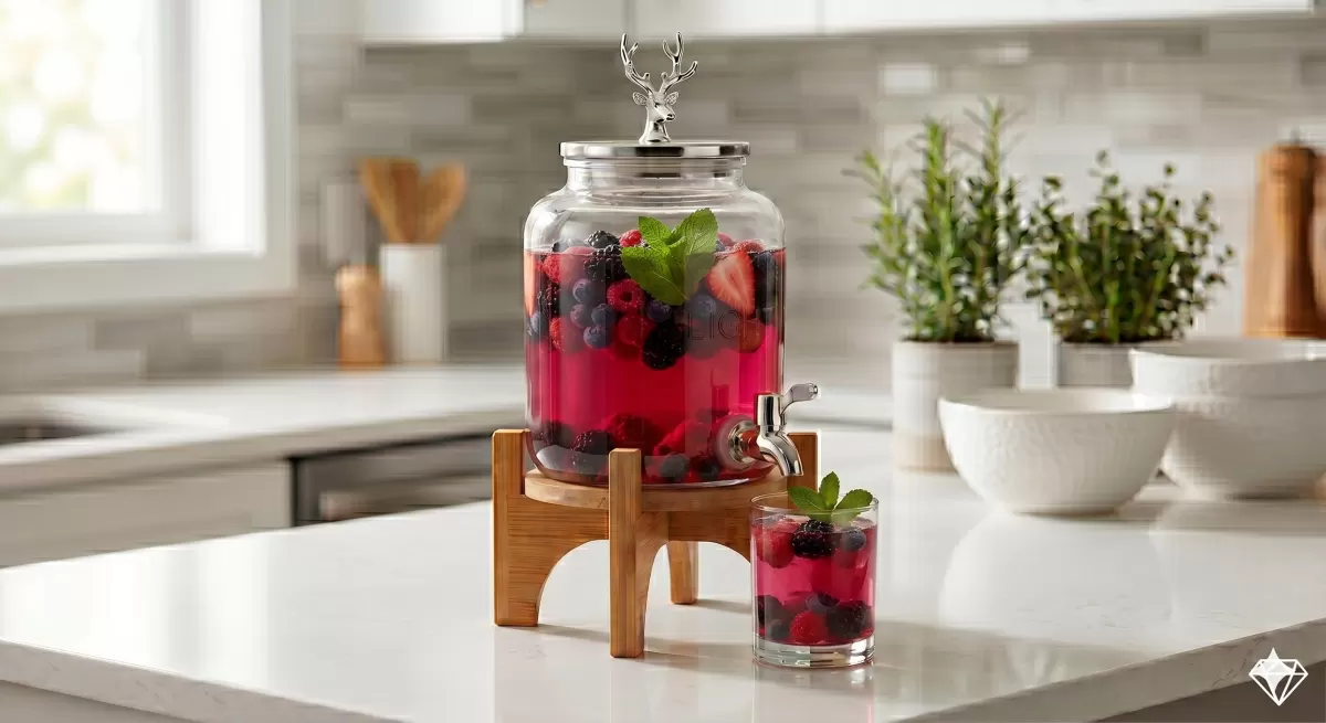 Geyik Figürlü Gümüş Lüks Cam İçecek Sebili - 3.6 Litre Bambu Standlı Meyve Suyu Kovası