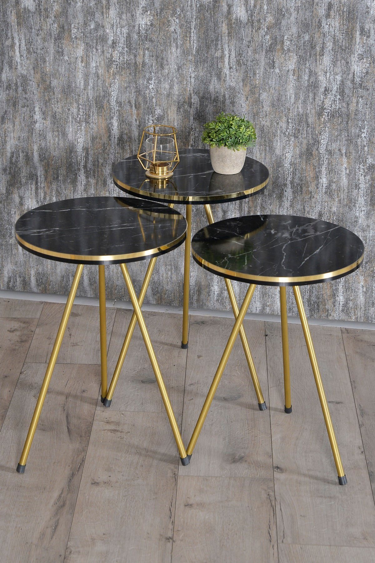 Gold Metal Düz Ayak 4'lü Sehpa Siyah