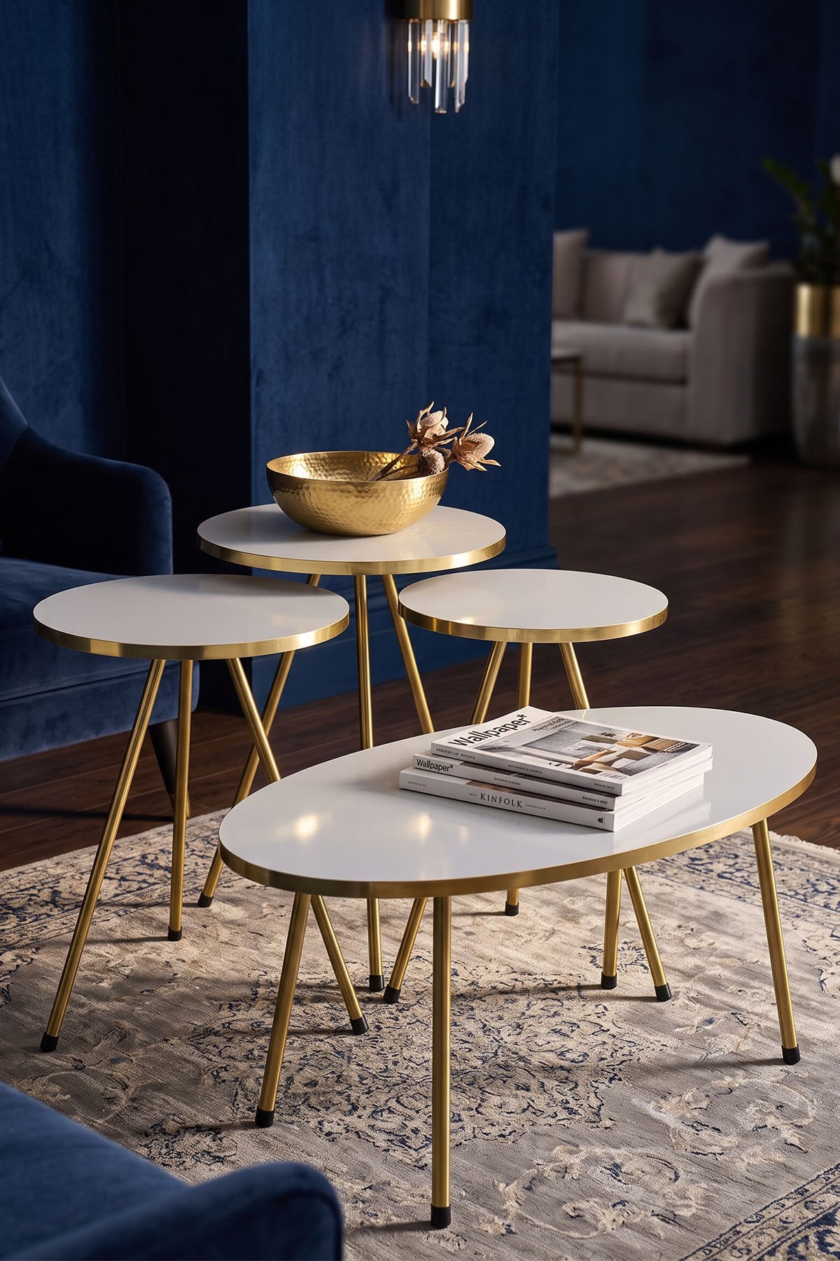 Gold Oval Sehpa Seti Beyaz 4'lü