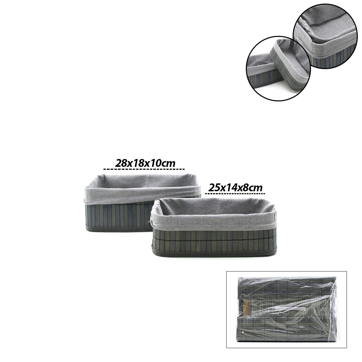 Gri Bambu Kenarlı Dikdörtgen Organizer Sepet (25x14 / 28x18 cm) - Ahşap Taban, Bezli