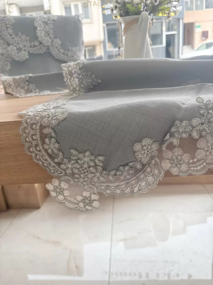 Gri Firuze Model 5 Parça Keten Dantelli Masa Örtüsü Runner Seti Zarif Çeyizlik Salon Takımı