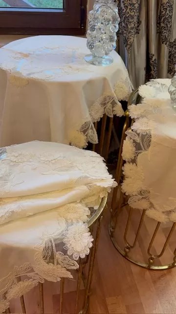 Gri Flowers Model 5 Parça Keten Dantelli Runner Seti Salon Takımı Masa Örtüsü