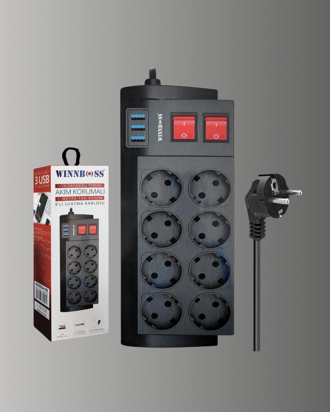 Güçlü Termal Korumalı 8 Priz + 3 USB Çoklu Uzatma Kablosu 2m