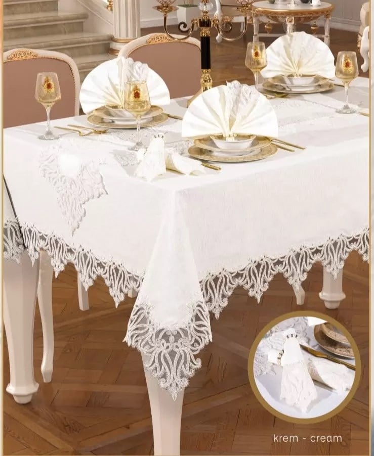 Gülse 12 Kişilik 26 Parça 160 × 220 cm Runner Krem Lüks Çeyizlik Yemek Takımı Masa Seti