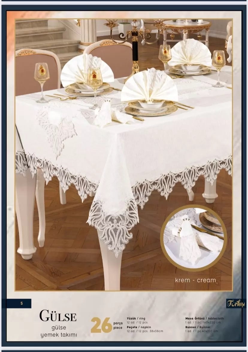 Gülse 12 Kişilik 26 Parça 160 × 220 cm Runner Krem Lüks Çeyizlik Yemek Takımı Masa Seti