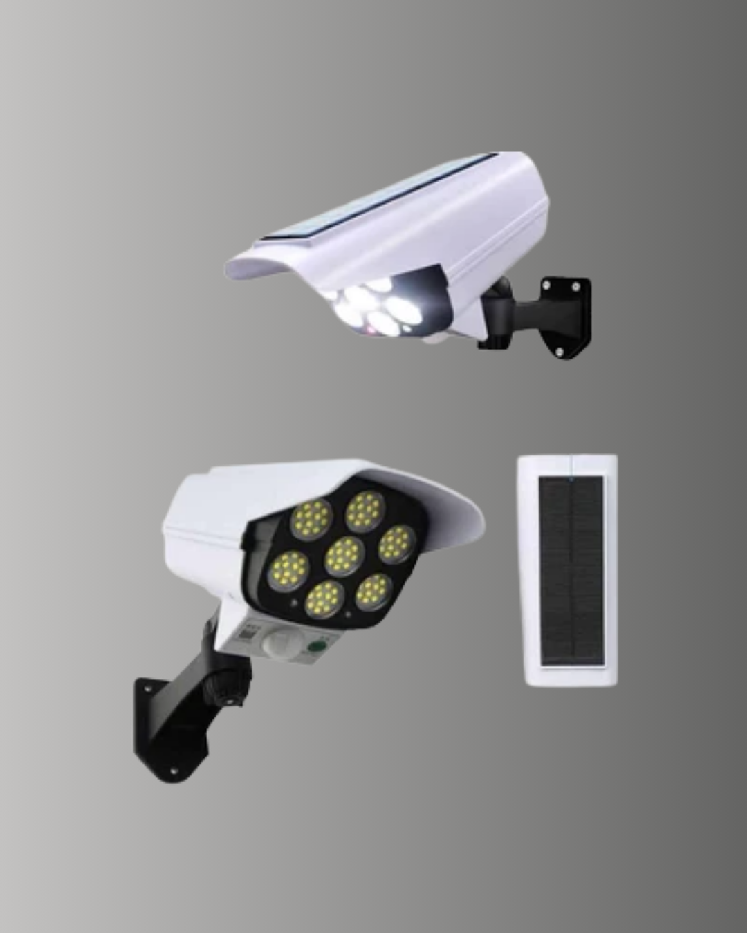 Güneş Enerjili LED Lamba + Güvenlik Kamerası Görünümlü– 5-8 m Hareket Algılamalı, Beyaz Işık