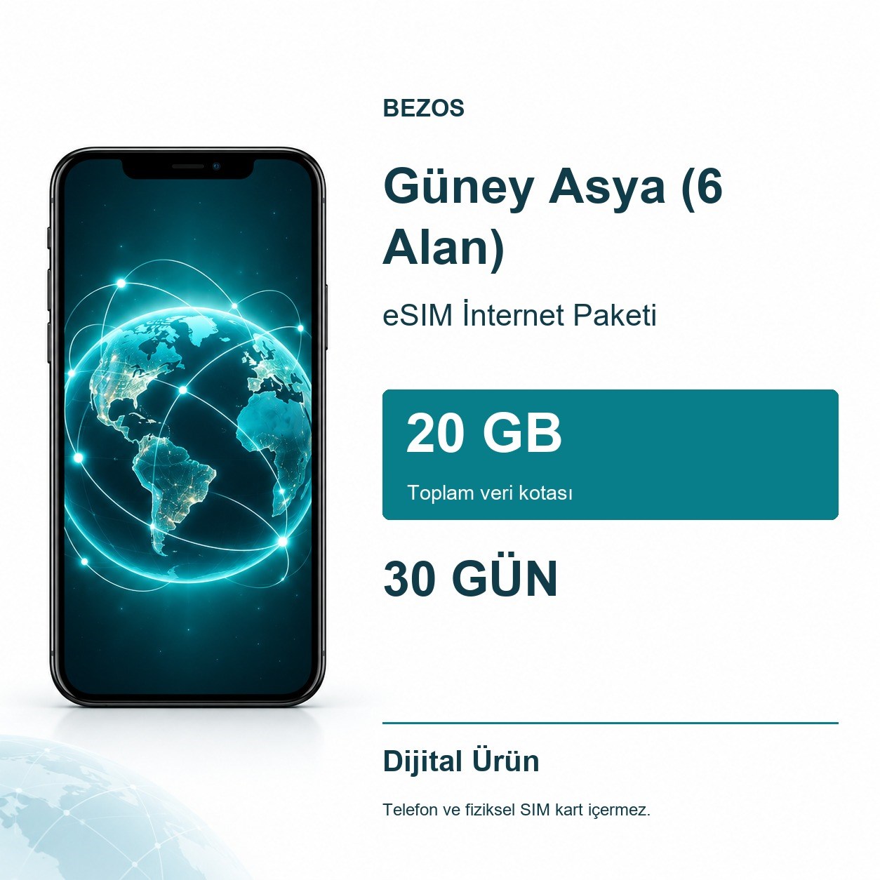 Güney Asya (6 Alan) eSIM İnternet Paketi 20 GB 30 Gün