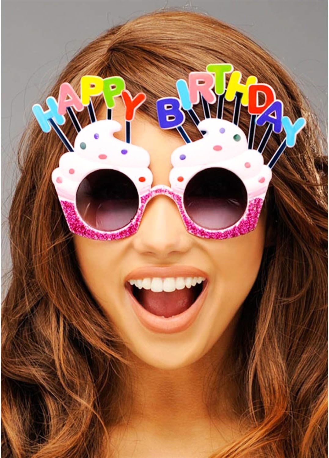 Happy Birthday Yazılı Beyaz Fuşya Renk Beyaz Pastalı Parti Gözlüğü 12x7 cm