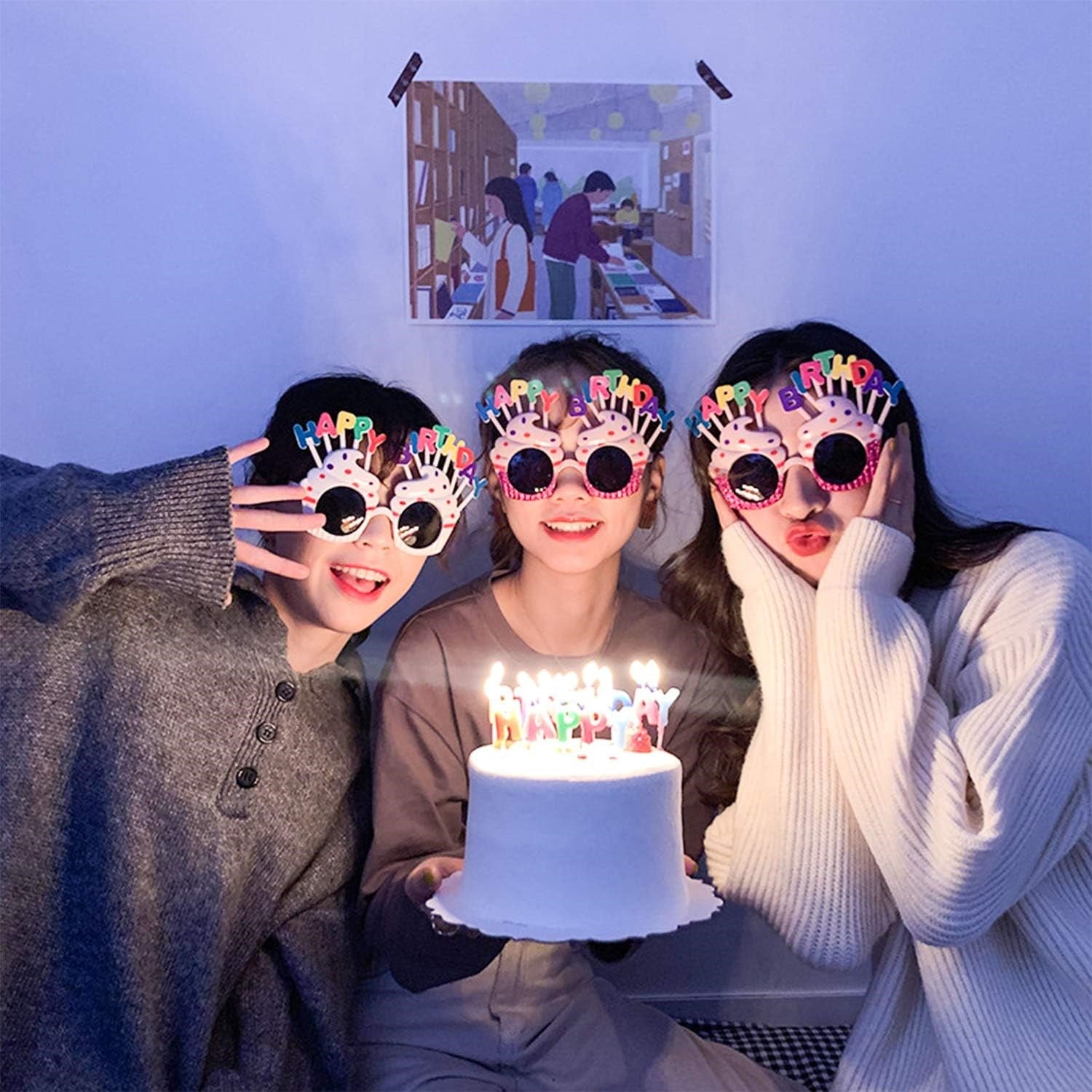 Happy Birthday Yazılı Pembe Fuşya Renk Pembe Pastalı Parti Gözlüğü 12x7 cm