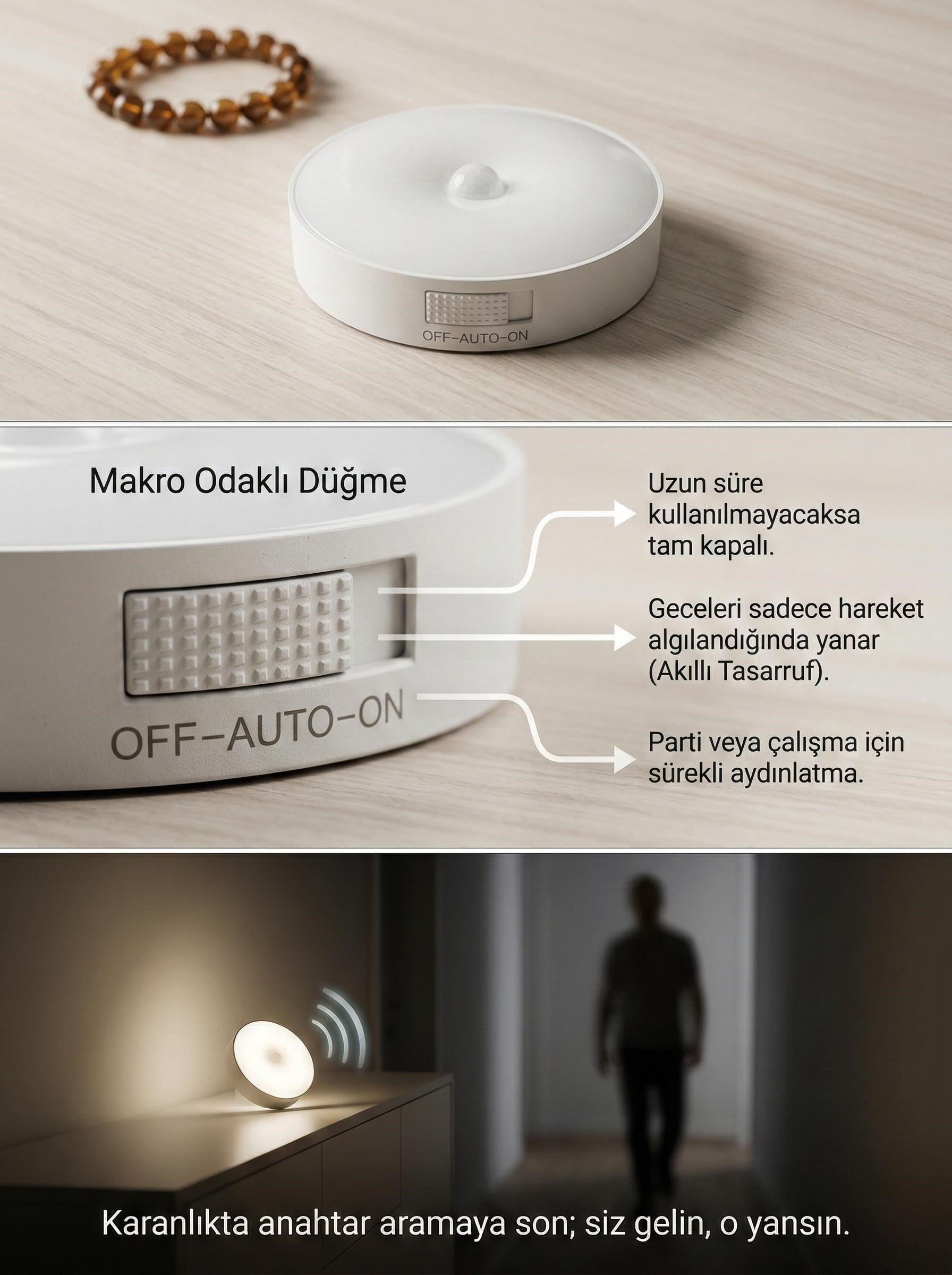 Hareket Sensörlü Yuvarlak LED Aydınlatma & USB Şarjlı Pratik Gece Lambası (8 cm)