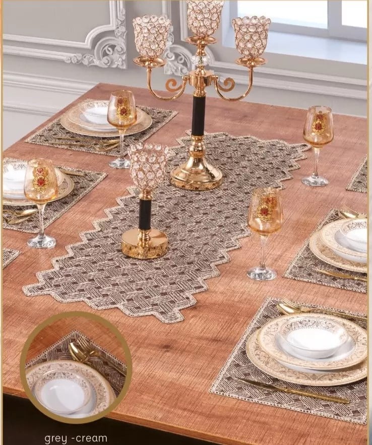Hasır Supla Takımı Masa Seti 6 Kişilik 7 Parça Supla Runner Set Gri-Krem - 38 x 45 cm