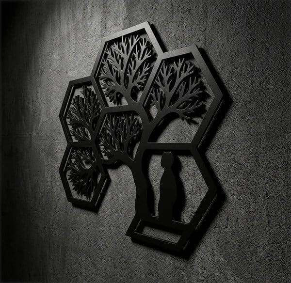 Hayat Ağacı Duvar Tablosu MDF Lazer Kesim Altıgen Geometrik Modern Duvar Süsü