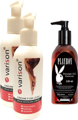 Hintohu Varison Varicose Vein Defense Cream ,diz,bacak Bakım Kremi 120 ml 2 Adet + Playboy Masaj Yağı 120 ml