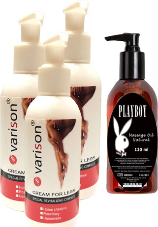 Hintohu Varison Varicose Vein Defense Cream ,,diz,bacak Bakım Kremi 120 ml 3 Adet + Playboy Masaj Yağı 120 ml