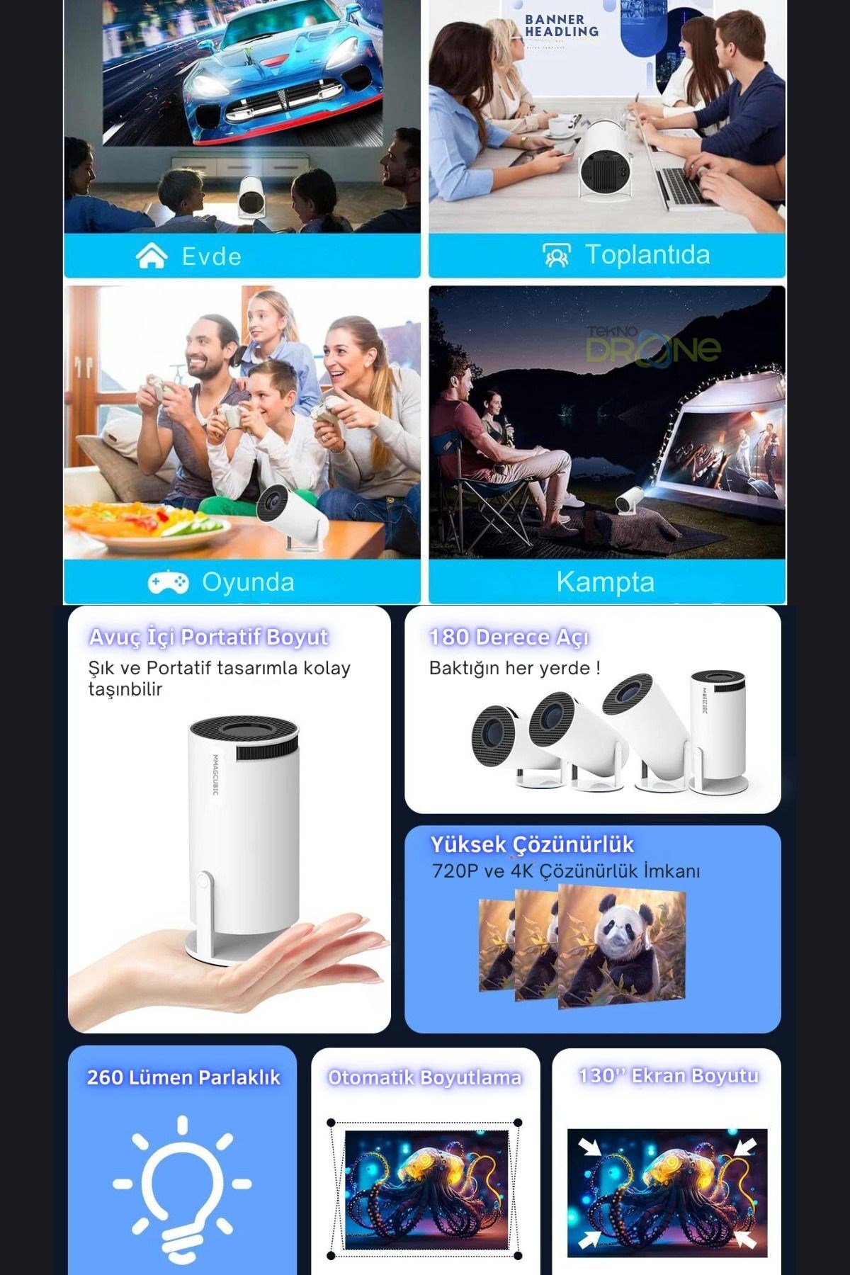 HY300 Mini Projeksiyon 4K Destekli - Android WiFi Bluetooth