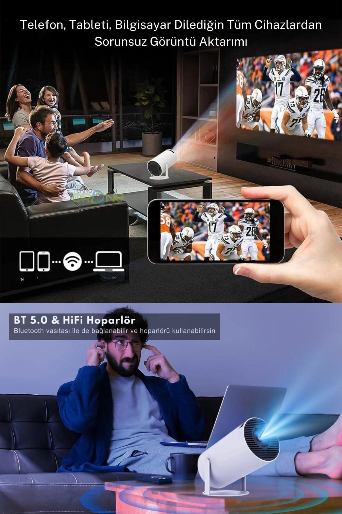 HY300 Mini Projeksiyon 4K Destekli - Android WiFi Bluetooth