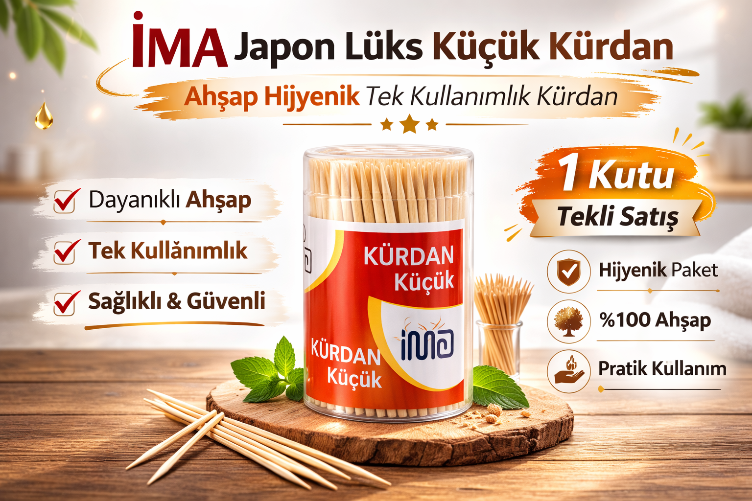 İma Japon Lüks Küçük Kürdan Ahşap Hijyenik Tek Kullanımlık Kürdan 1 Adet