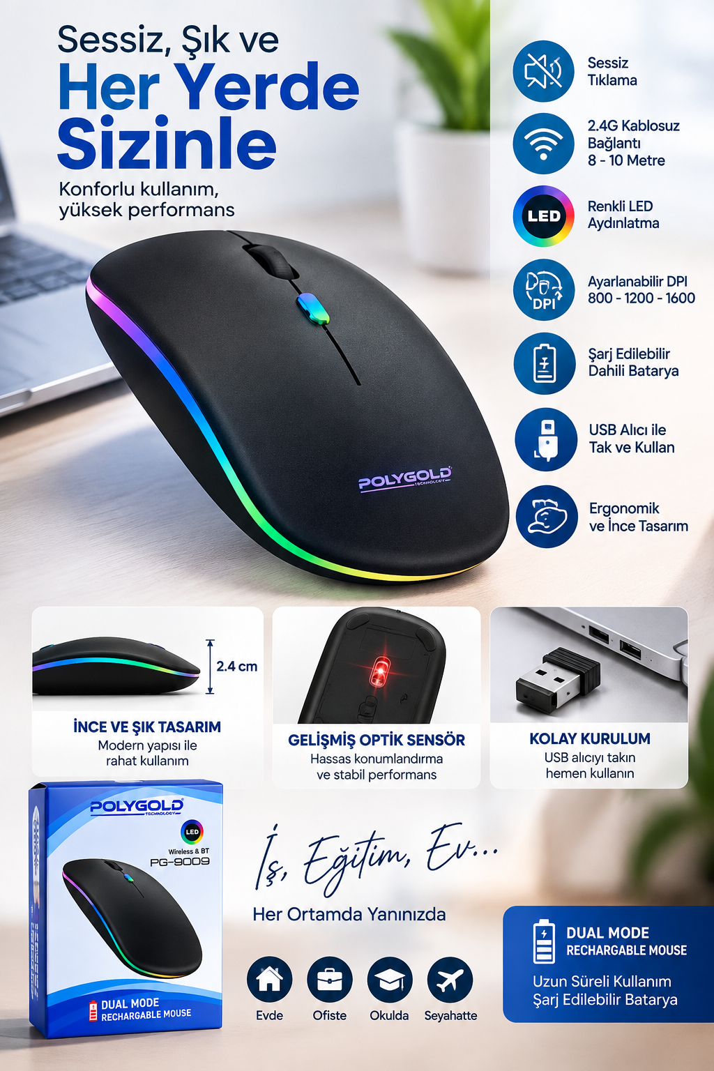 İnce Ergonomik Tasarım 2.4G Kablosuz LED Mouse