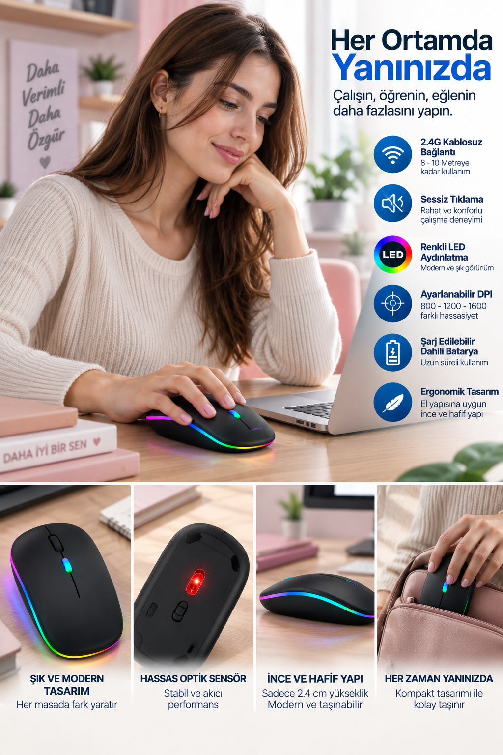 İnce Ergonomik Tasarım 2.4G Kablosuz LED Mouse