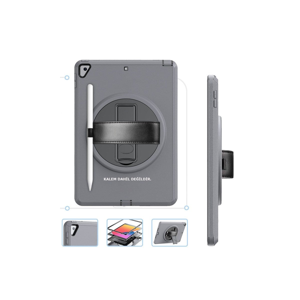 iPad 10.2 (7.nesil) Kılıf Hand Strap Tablet Kılıfı - Gri