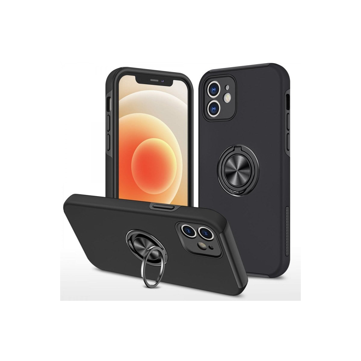 iPhone 12 Kılıf Elit Yüzüklü Kapak - Siyah