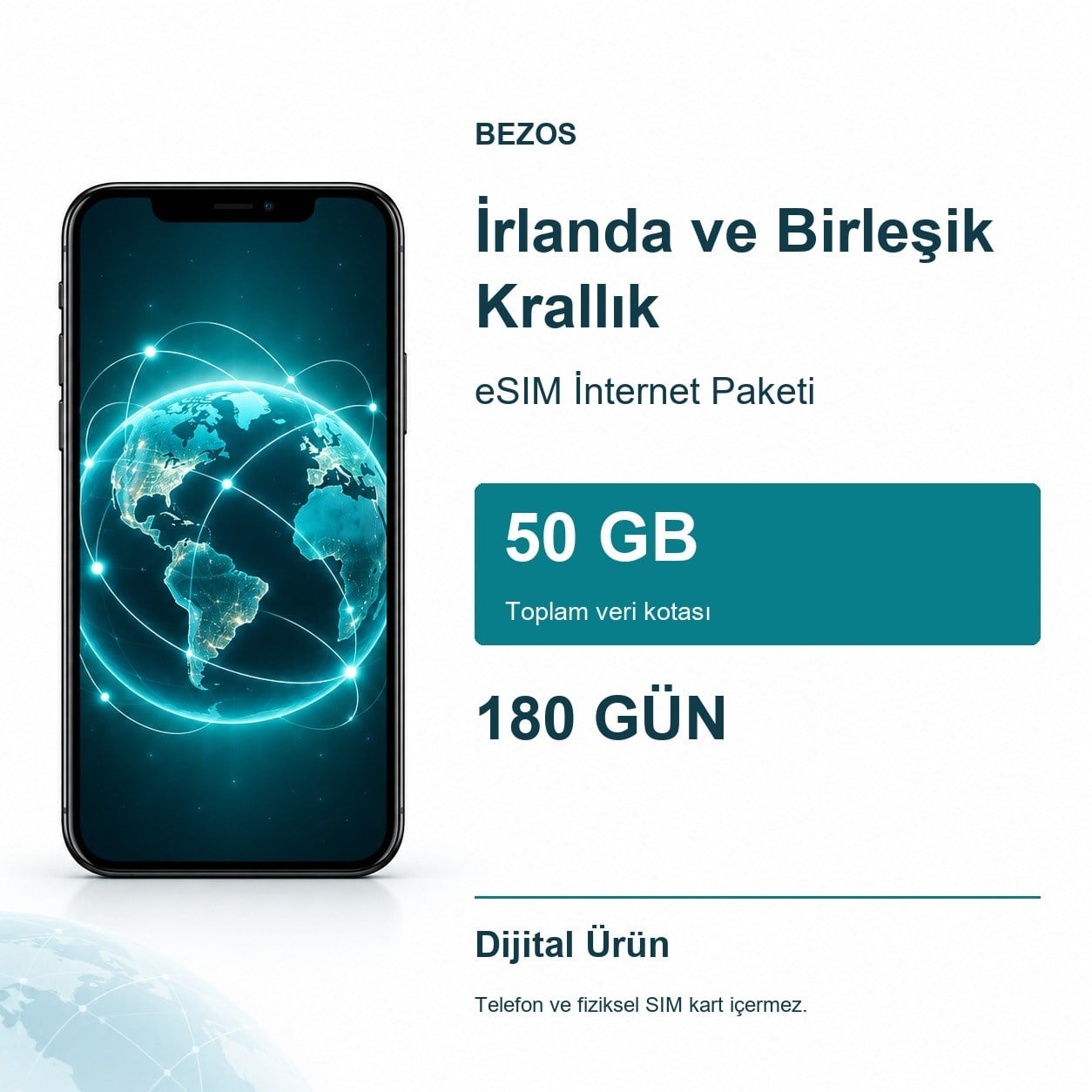 İrlanda ve Birleşik Krallık eSIM İnternet Paketi 50 GB 180 Gün