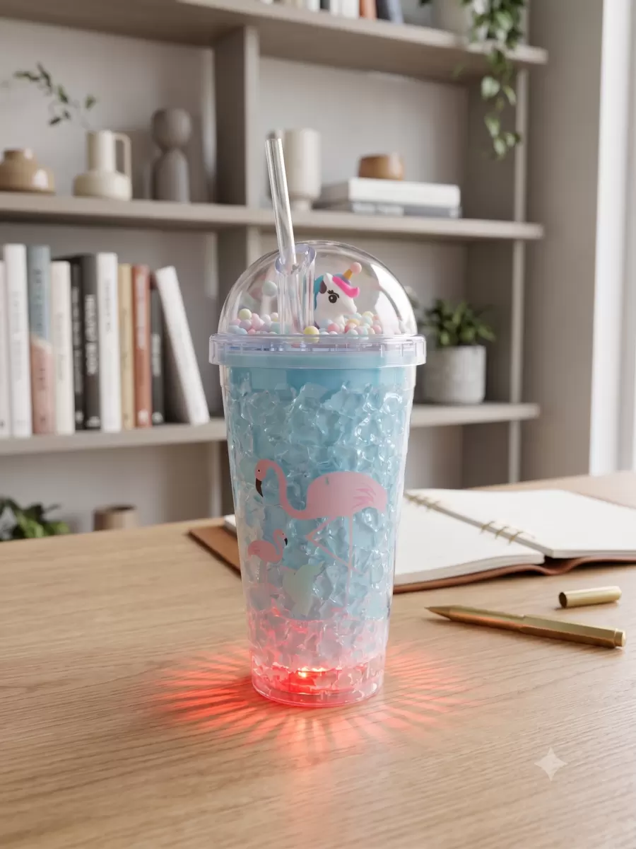 Işıklı Unicorn ve Flamingo Desenli Çift Katmanlı Jel Buzlu Pipetli Bardak - 450ml - Renk Değiştiren LED Tabanlı