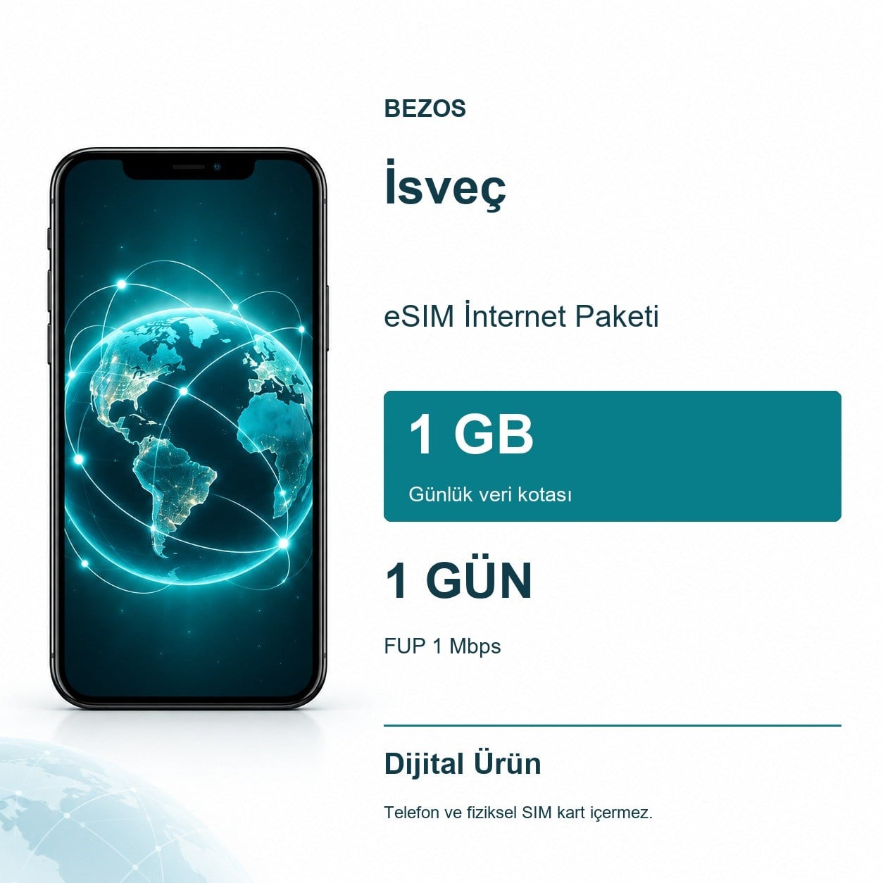 İsveç eSIM İnternet Paketi Günlük 1 GB 1 Gün - FUP 1 Mbps