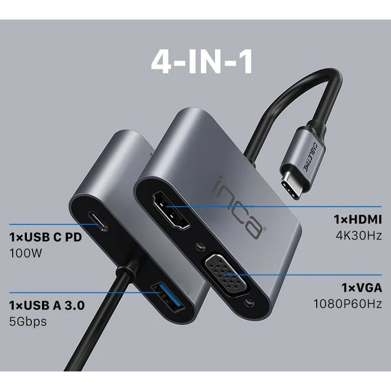 ITPC-06T TYPE-C HUB X4 HDMI 4K@30 Hz+ VGA+ USB 3.0+PD 100W ALUMINYUM KASA ÇOKLAYICI