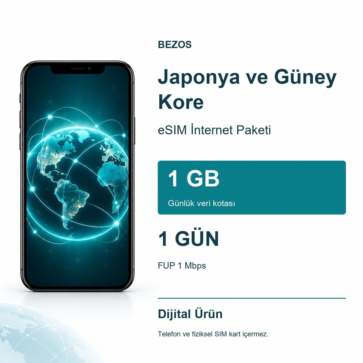 Japonya ve Güney Kore eSIM İnternet Paketi Günlük 1 GB 1 Gün - FUP 1 Mbps