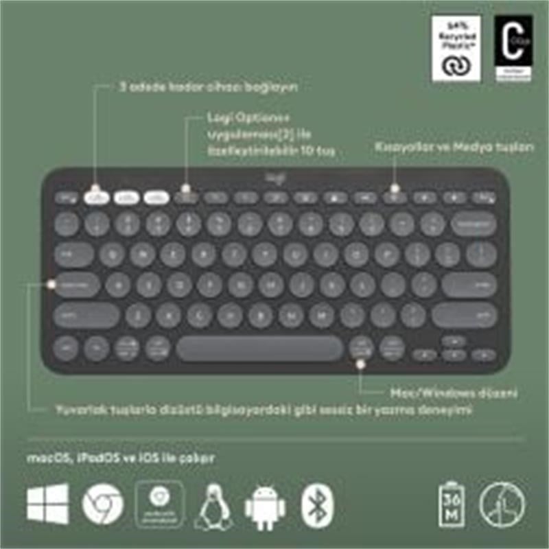 K380S PEBBLE KEYS 2 ÇOKLU CİHAZ ÖZELLİKLİ BLUETOOTH TÜRKÇE Q KLAVYE GRİ 920-011859