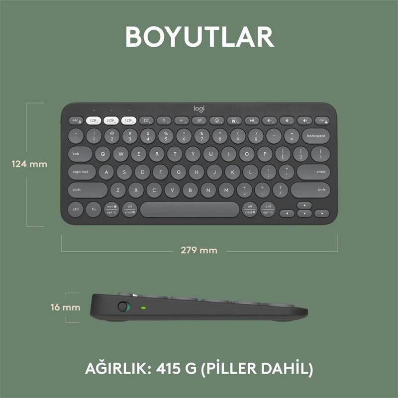K380S PEBBLE KEYS 2 ÇOKLU CİHAZ ÖZELLİKLİ BLUETOOTH TÜRKÇE Q KLAVYE GRİ 920-011859