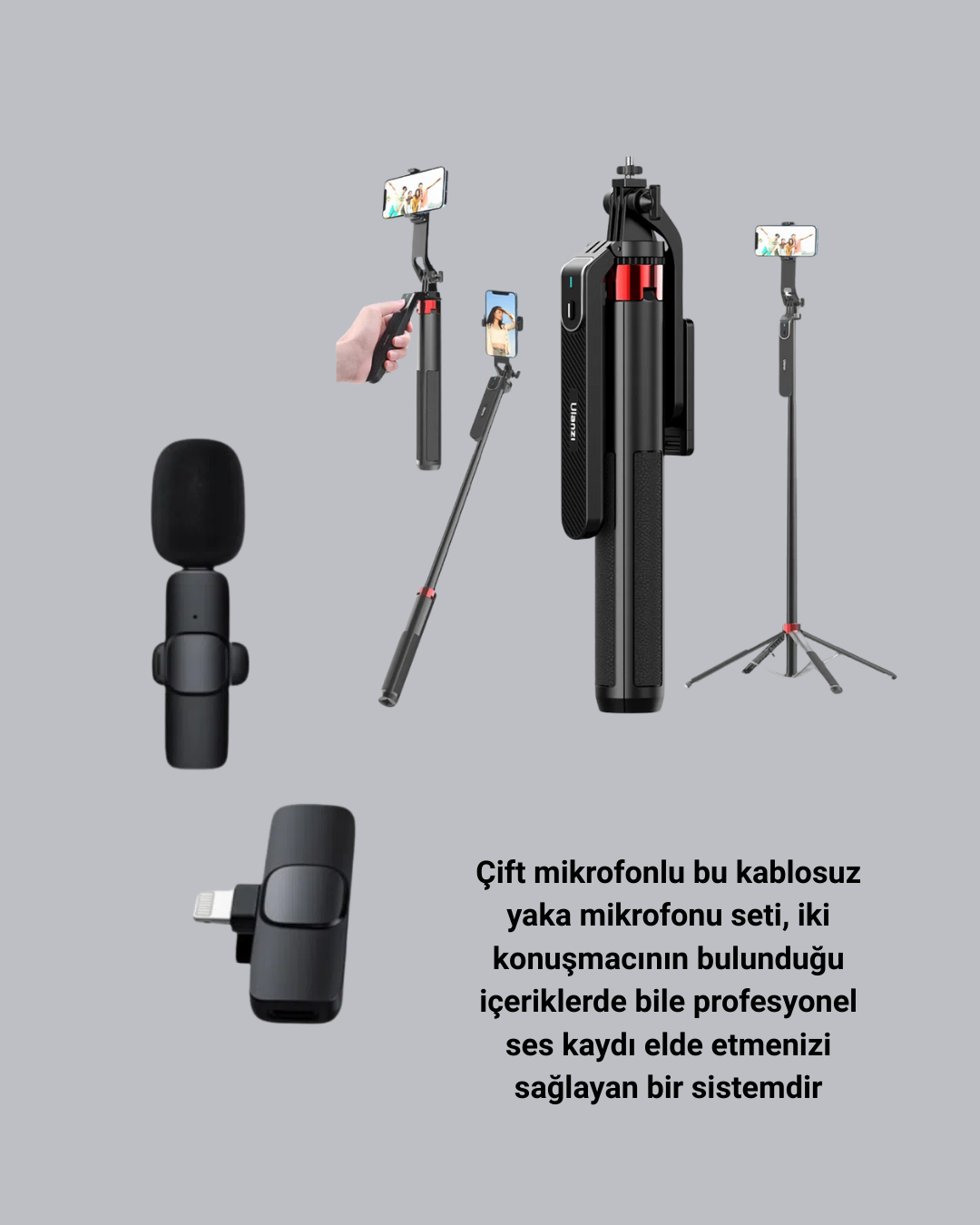Kablosuz Çift Yaka Mikrofonu ve Tripodlu Selfie Çubuğu İçerik Üretici Seti