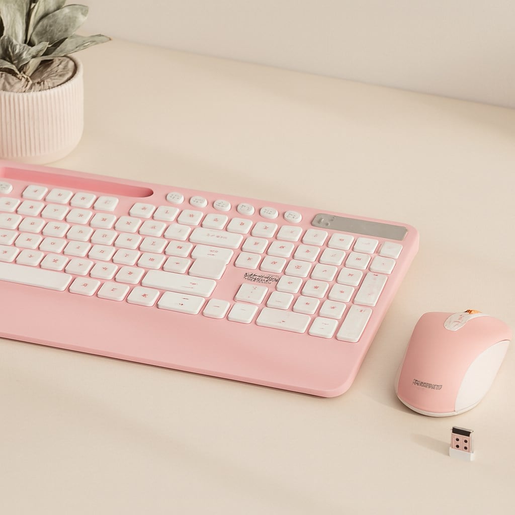 Kablosuz Klavye Mouse Seti - Telefon & Tablet Standlı (Beyaz/Pembe)