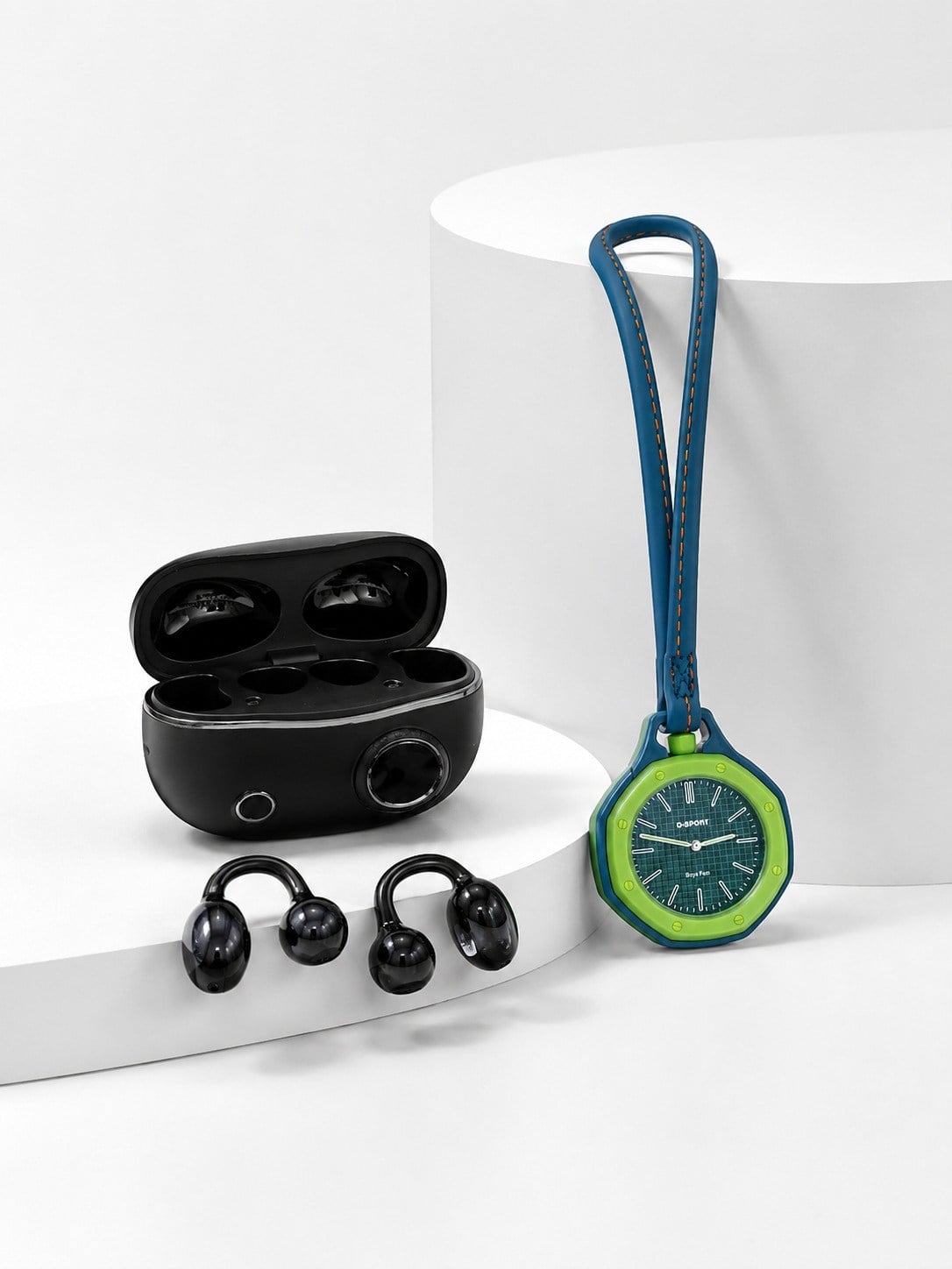 Kablosuz Kulaklık ve Yeşil Askılı Çanta Charm Saat Kampanya Seti Şarj Kutulu Bluetooth Kulaklık