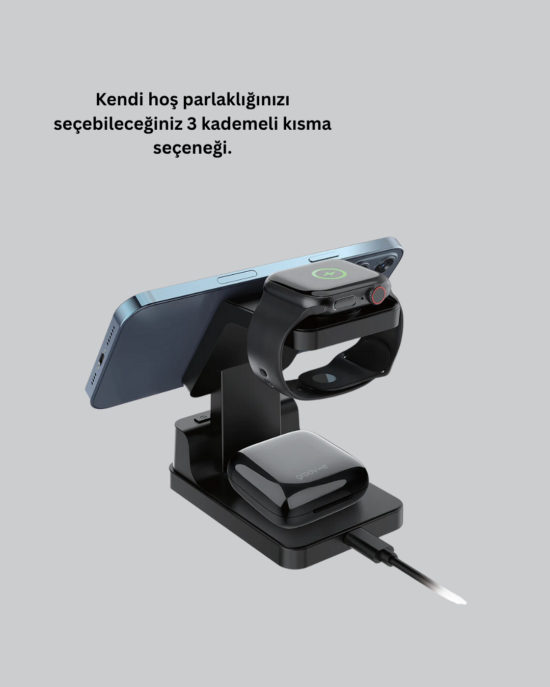 Kablosuz Şarj Cihazı ve Dijital Saat 4’ü 1 Arada Hızlı Şarj, LED Işıklı Tasarım