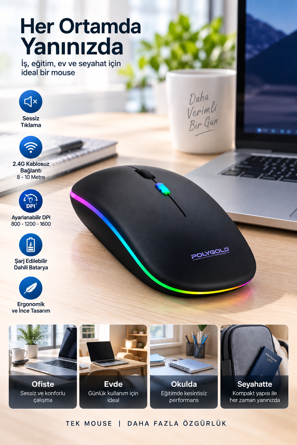 Kablosuz Şarjlı Sessiz Tıklamalı Ergonomik Mouse
