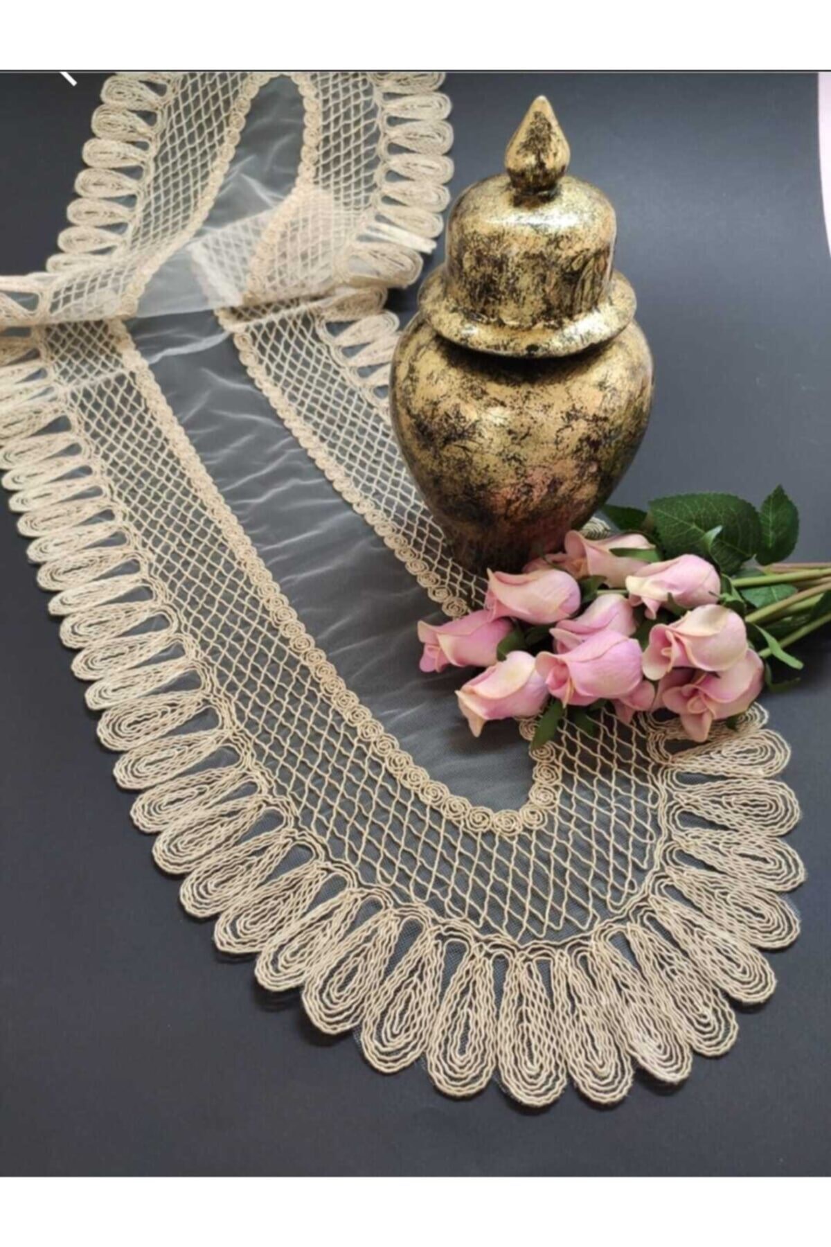 Kadife Detaylı Bej Runner (120x30cm)