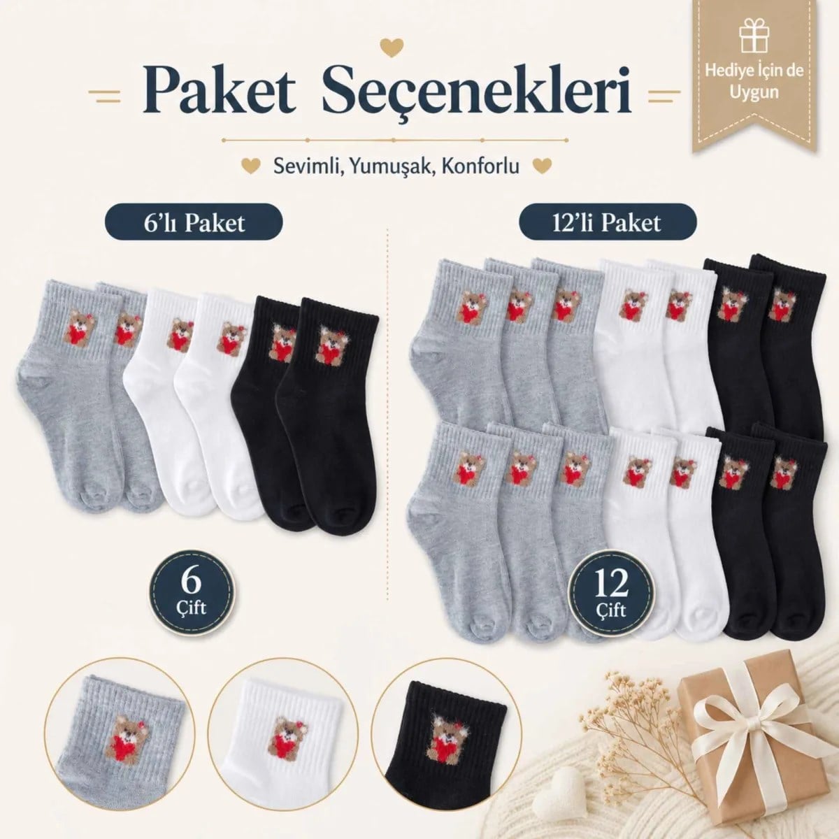 Kadın Ayıcık Desenli Kısa Konç Çorap 12'li Paket, %80 Pamuklu Dikişsiz Burun, Nefes Alan Yumuşak Bilek Çorabı, Siyah Beyaz Gri