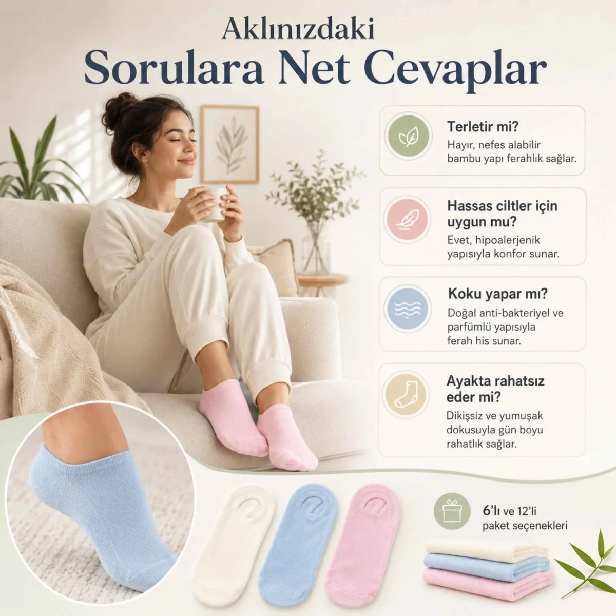 Kadın Bambu Dikişsiz Patik Çorap 12'li Paket - Yumuşak, Nefes Alan, Nem Emici Kısa Konç Günlük Çorap - Krem, Mavi, Pembe