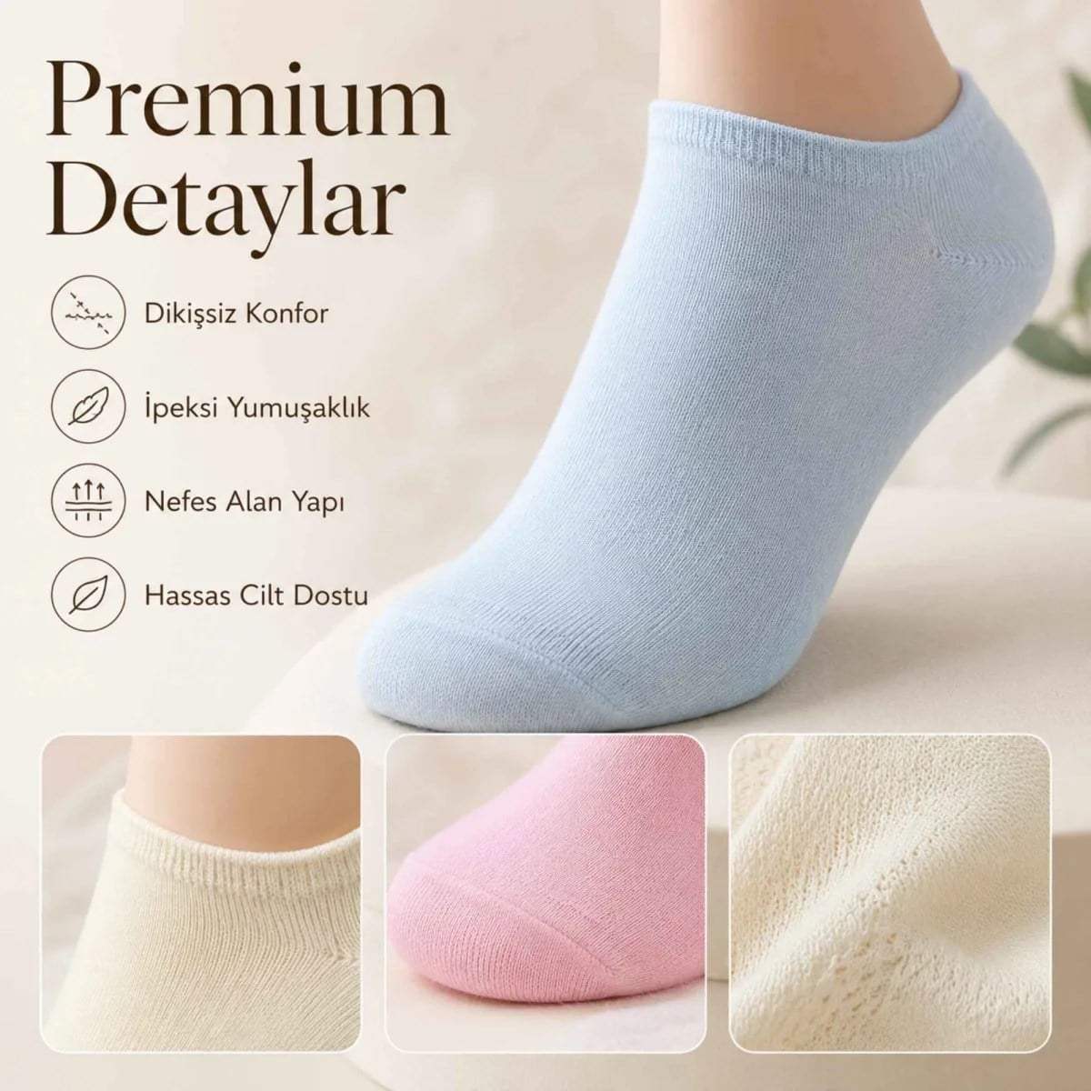 Kadın Bambu Dikişsiz Patik Çorap 12'li Paket - Yumuşak, Nefes Alan, Nem Emici Kısa Konç Günlük Çorap - Krem, Mavi, Pembe