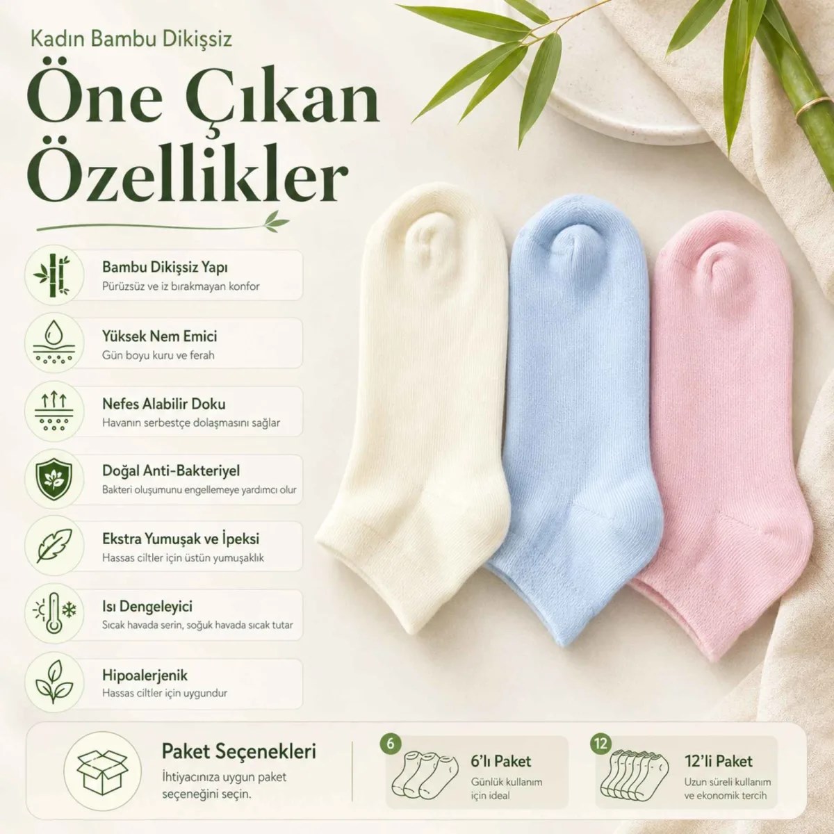 Kadın Bambu Dikişsiz Patik Çorap 12'li Paket - Yumuşak, Nefes Alan, Nem Emici Kısa Konç Günlük Çorap - Krem, Mavi, Pembe