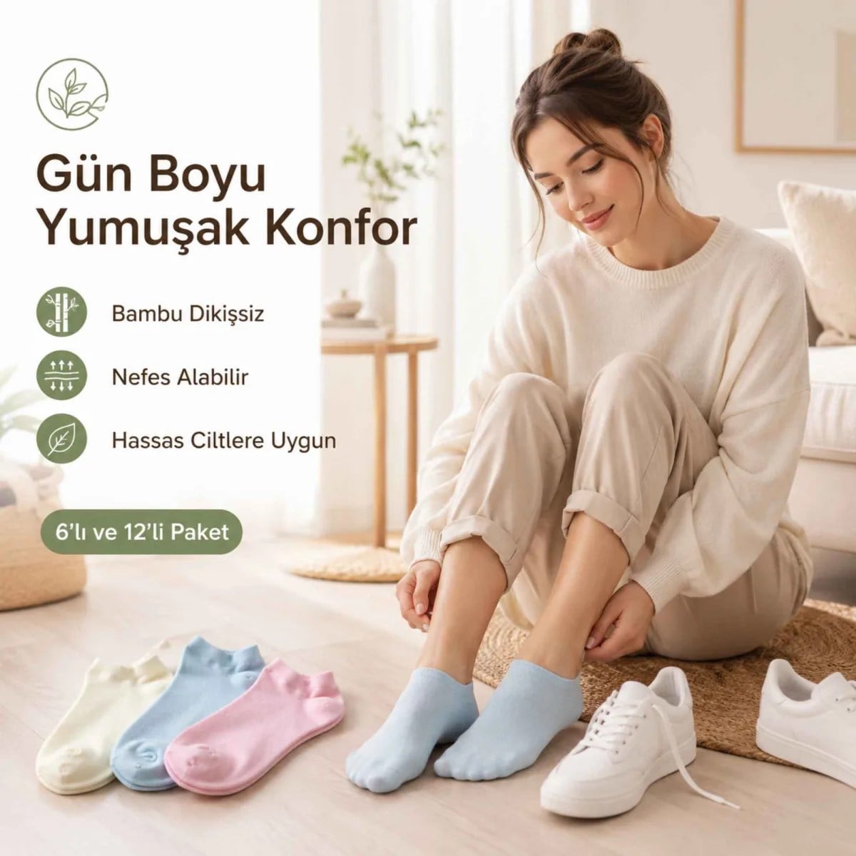 Kadın Bambu Dikişsiz Patik Çorap 6'lı Paket - Yumuşak, Nefes Alan, Nem Emici Kısa Konç Günlük Çorap - Krem, Mavi, Pembe