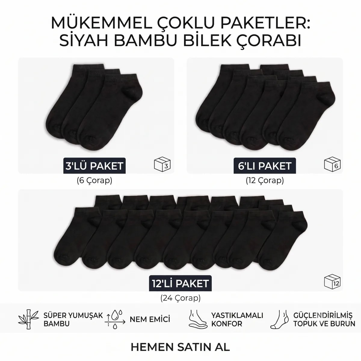 Kadın Bambu Patik Çorap 6'lı Paket, Siyah Beyaz Gri, Nefes Alan Nem Emici Yumuşak Günlük Spor Bilek Çorabı