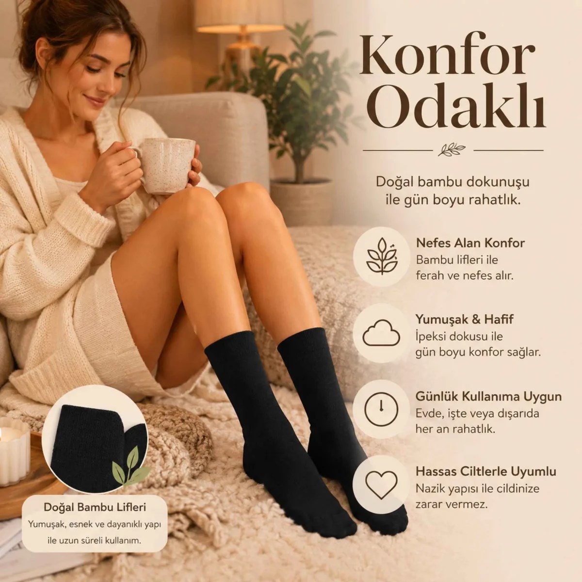 Kadın Bambu Uzun Çorap 6'lı Paket, Dikişsiz Burunlu Yumuşak Dokulu Siyah Beyaz Gri